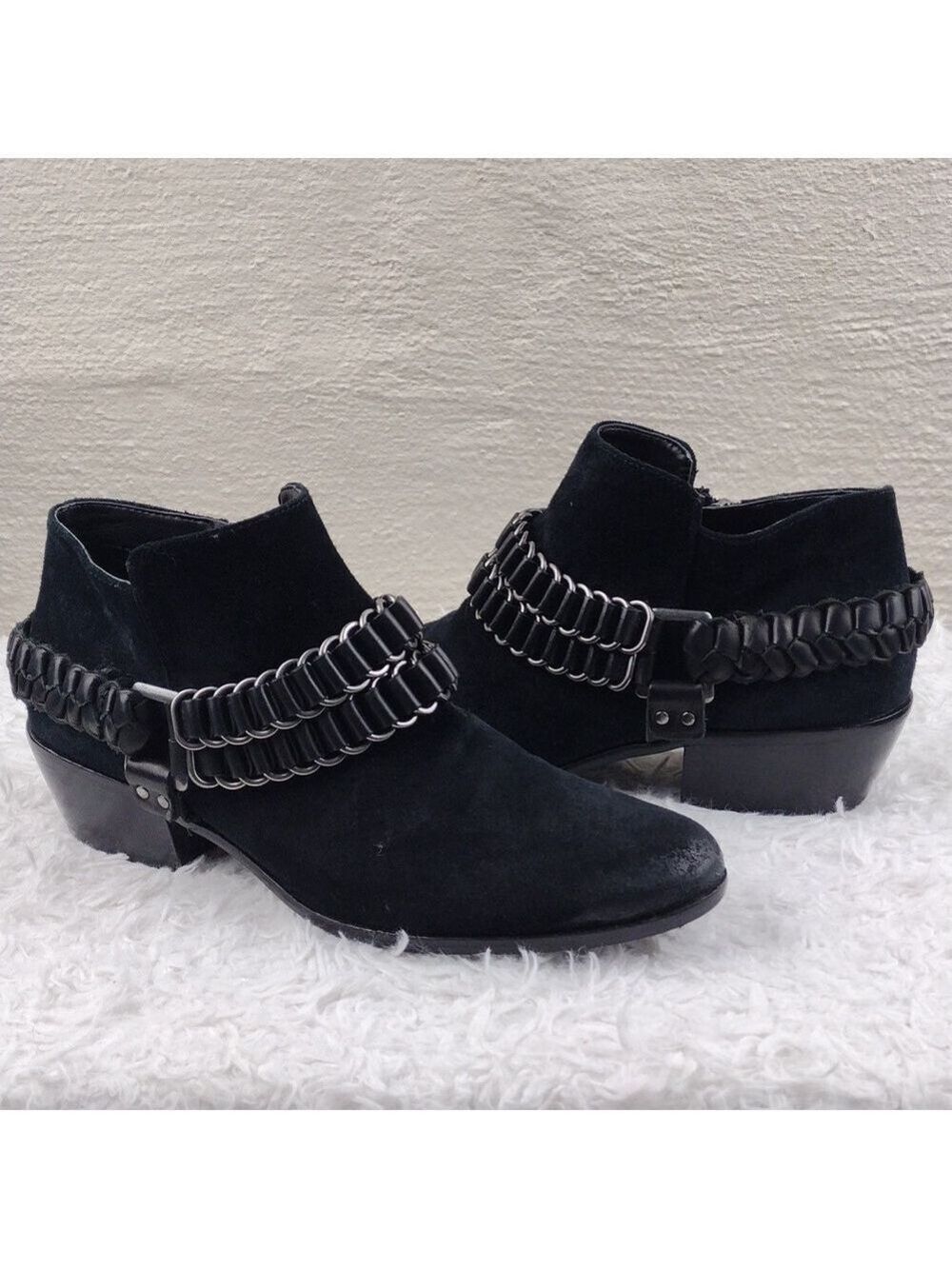 Sam Edelman Posey Black Suede Leather Ankle Harness Almond Toe Side Zip Bootie